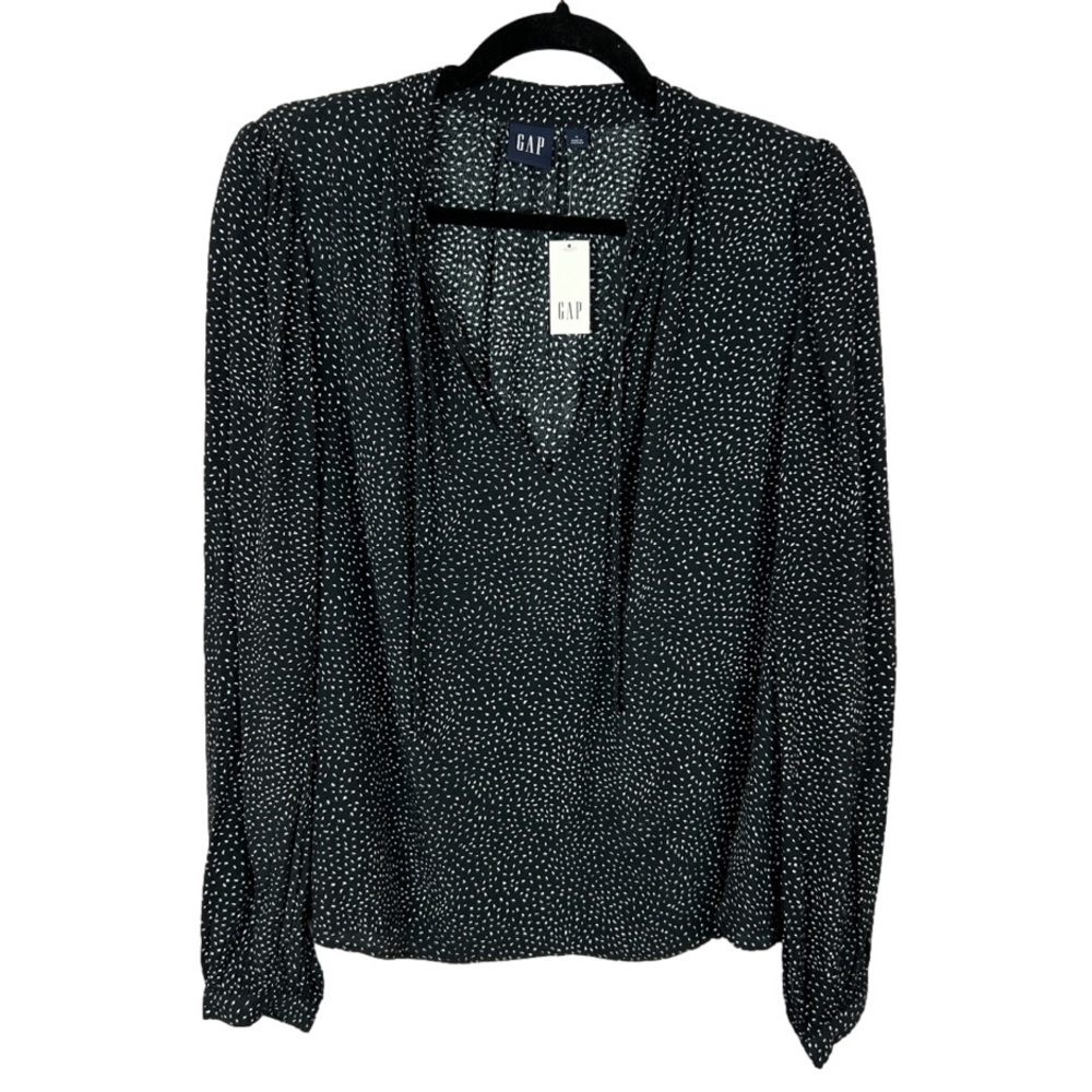 Gap Classic Rayon Long Sleeve V Neck Tie Popover Blouse Medium Black NWT